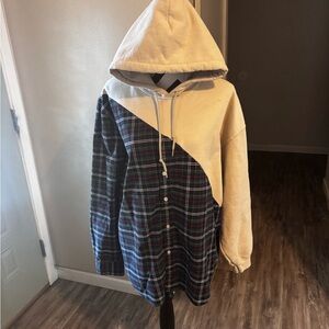 Upcycled Plaid and Cream Hooded Shirt Jacket